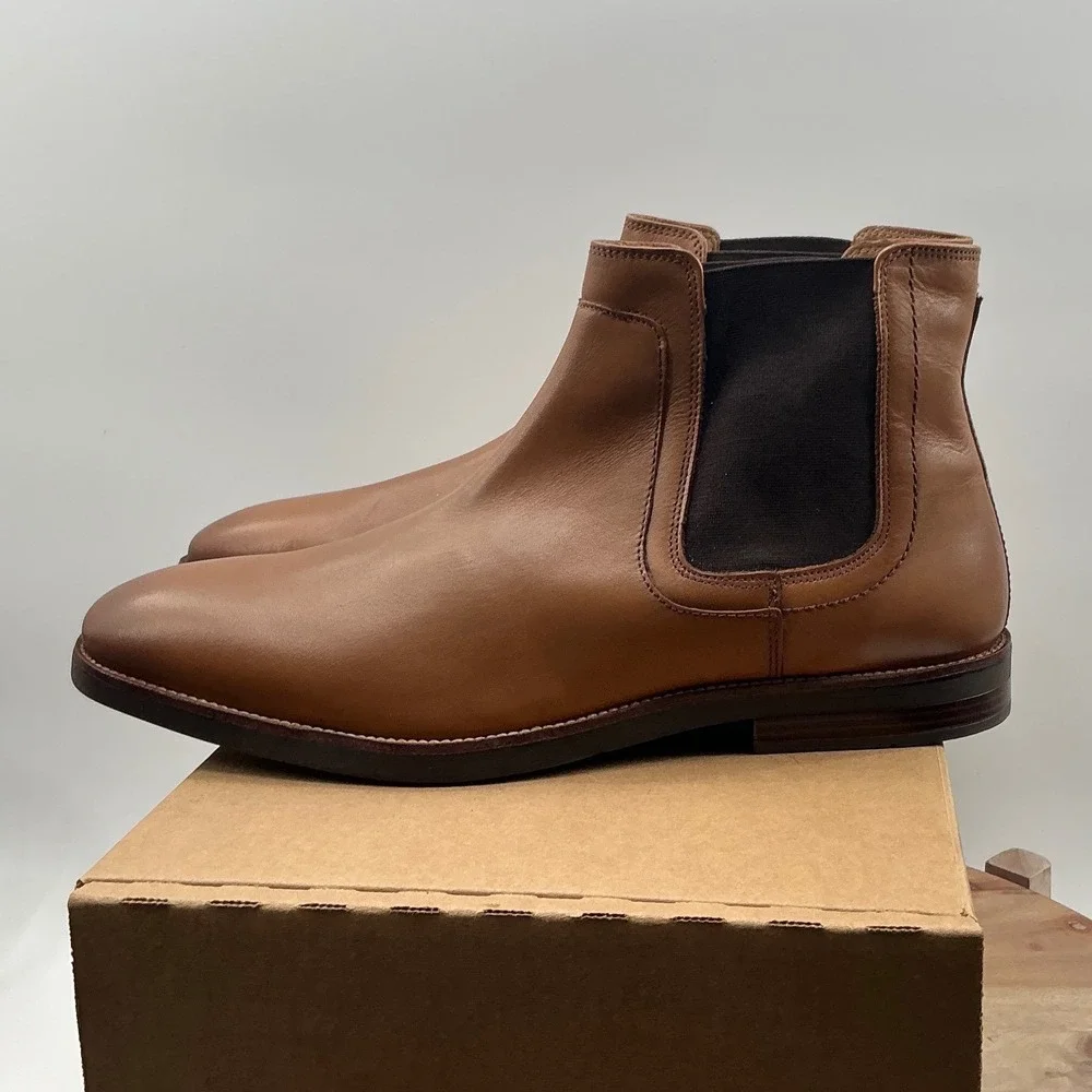 Johnston & Murphy Mens Tan Leather Chelsea Boots Burnished Almond Toe Pull On